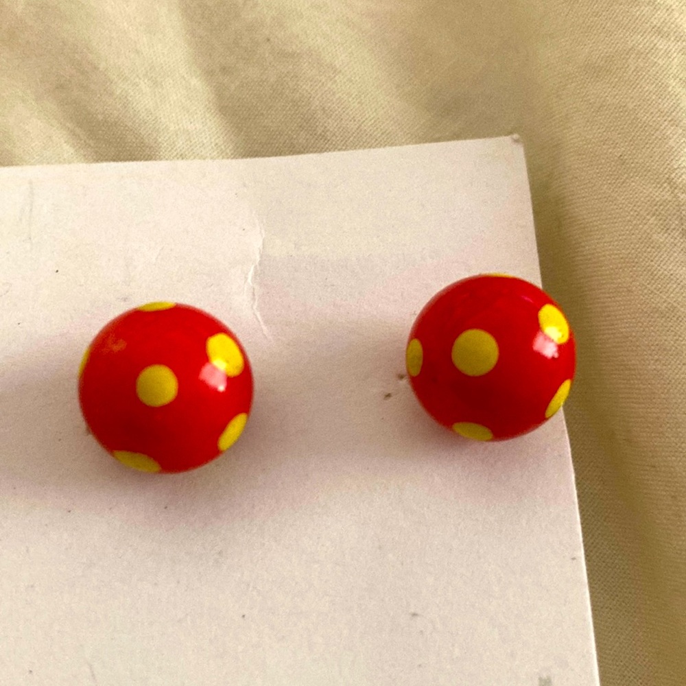5/$25 Red and yellow lacquered lucite ball pierced earrings